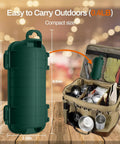 Outdoor Extension Cord Cover Waterproof With Four Removable Latches Heavy Duty Weatherproof Electrical Box Plug Cover For Patio Power Tools Holiday Lights IP54 Sealed Green, green compact size shown next to camping bag.