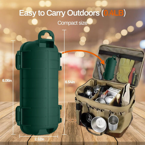 Outdoor Extension Cord Cover Waterproof With Four Removable Latches Heavy Duty Weatherproof Electrical Box Plug Cover For Patio Power Tools Holiday Lights IP54 Sealed Green, green compact size shown next to camping bag.