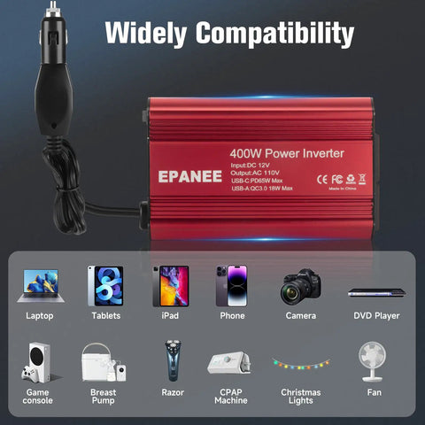 Ride Ready 12V DC To 110V AC Car Power Inverter 400W with dual sockets and USB ports for laptops, phones, and other devices.