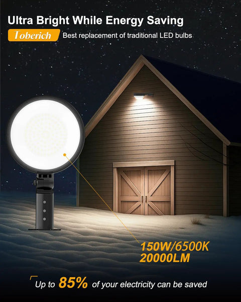 Mega Bright 150W Dusk To Dawn Outdoor Yard Light With 20000LM Output illuminating a farmhouse exterior at night