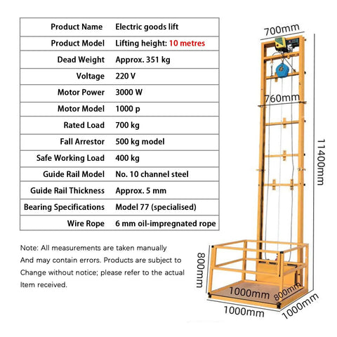 Electric goods lift with 10 metres lifting height and steel frame for warehouse use, part of Smooth Operator Electric Lifting Platform And Wall Mounted Freight Elevator With Wireless Remote That Stops At Any Height Up To Thirty Three Feet For Warehouse Or Garage Grinds.