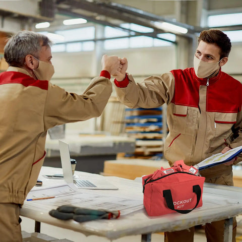 Heavy Duty Lockout Tagout Bag For Electrical Kits Large Capacity LOTO Carry Pouch on table in warehouse setting