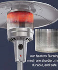 Main Burner Net Emitter Screen For Gas Patio Heaters Ten And Three Quarters Inch Diameter Heavy Duty Stainless Steel Safety Net Eight Inch Tall With Three Threaded Holes For Mounting Reflector Fits Most Outdoor Patio Heaters shown heating up.