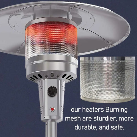Main Burner Net Emitter Screen For Gas Patio Heaters Ten And Three Quarters Inch Diameter Heavy Duty Stainless Steel Safety Net Eight Inch Tall With Three Threaded Holes For Mounting Reflector Fits Most Outdoor Patio Heaters shown heating up.