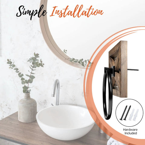 Rustic Farmhouse Towel Holder For Bathroom Wall Mounted Rack With Galvanized Metal Ring next to a white ceramic sink.