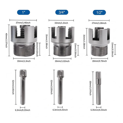 Tepvoker Pvc Pipe Threader Kit With Internal And External Threading Dies for 1/2 Inch 3/4 And 1 Inch Npt with measurements shown.