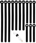 150 Piece Reusable Cable Ties Set With 4, 6, 8, 10 Inch Hook And Loop Straps, Multi Purpose Wire Ties displayed flat, black color.