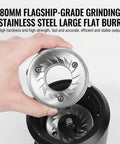 80Mm Flat Burr Espresso Coffee Grinder In Matte Black showing stainless steel burrs, ideal for precision espresso grinding.