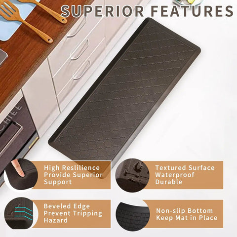 24 X 60 Inch Extra Thick Anti Fatigue Kitchen Mat And Office Runner, showcased on a kitchen floor, highlighting non-slip and waterproof features.