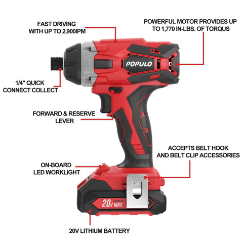20V Max Lithium Ion Impact Driver With One Quarter Inch Quick Connect Chuck, 0 To 2900 RPM, features highlighted in red