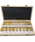 Professional 24 Piece Router Bit Set With 8Mm Shank And Carbide Tips organized in a wooden case, featuring various woodworking bits.