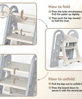 Guide on folding and unfolding the Hella Steady Adjustable Toddler Step Stool With Handles Converts From 3 To 2 Setup As Kiddos Grow Non Slip Safety Footrest For Bathroom Sink And Kitchen Counter Grey.