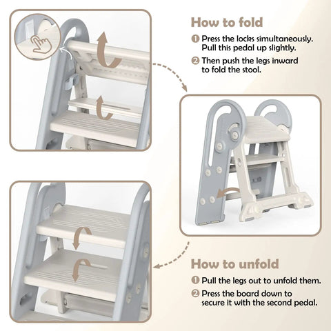 Guide on folding and unfolding the Hella Steady Adjustable Toddler Step Stool With Handles Converts From 3 To 2 Setup As Kiddos Grow Non Slip Safety Footrest For Bathroom Sink And Kitchen Counter Grey.