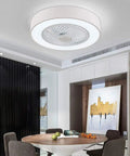 Modern Flush Mount Ceiling Fan With Light For Kitchen Bedroom Bathroom Super Quiet Low Profile Electric Fan Remote Led Three Color Lighting Four Abs Blades Twenty Two Inches White installed in dining room ceiling.