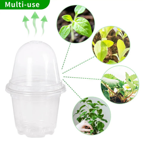 Clear Seed Starter Pots With Humidity Domes, 4 Inch Plastic Nursery Pots For Indoor Outdoor Gardening, Drainage Holes, 10 Pack Seedlings