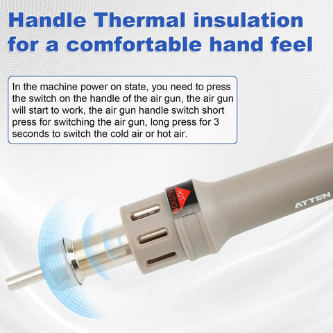 Handle of 1000W Lead Free Hot Air Soldering Station With Digital Display And Auto Sleep, Pro Grade 120 L Per Min Airflow, Precise 100C To 480C Temperature Control, Ideal For SMD Desoldering And PCB Repair, showing thermal insulation feature.