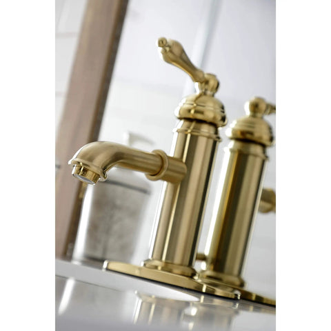 American Classic Brushed Brass Bathroom Faucet With Solid Brass Build, Drip-Free Ceramic Disc, Deck Mount, Victorian Vibe, angled view