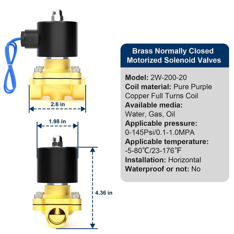 Diagram of 3/4 Inch NPT Brass Electric Solenoid Valve AC110V 2W-200-20 showing dimensions and specifications, ideal for various applications.