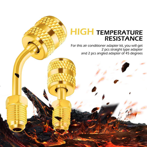 Gold brass Zikefest R410A mini split flare adapters: 5/16 to 1/4 inch; two straight, two angled.