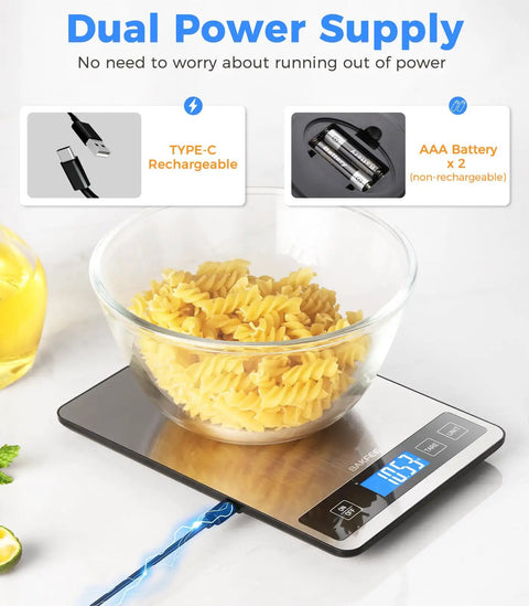 Digital Food Scale For Kitchen Gamechanger, 33 Lb Capacity, 1 G Precision, showing pasta in a bowl on an LCD display