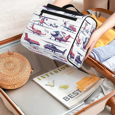 Person packing Aircraft Pattern Travel Toiletry Bag For Women And Men, Large Capacity 10.2 x 6.5 x 9.2 Inches into suitcase