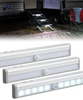 RV Step Lights 3 Pack Motion Sensor Activated LED Bar Exterior Lighting Battery Operated Wireless Magnetic Strip Lighting For Motorhome Travel Trailers Campers Under Cabinet Steps And Tent, showing three LED bars with motion sensors.