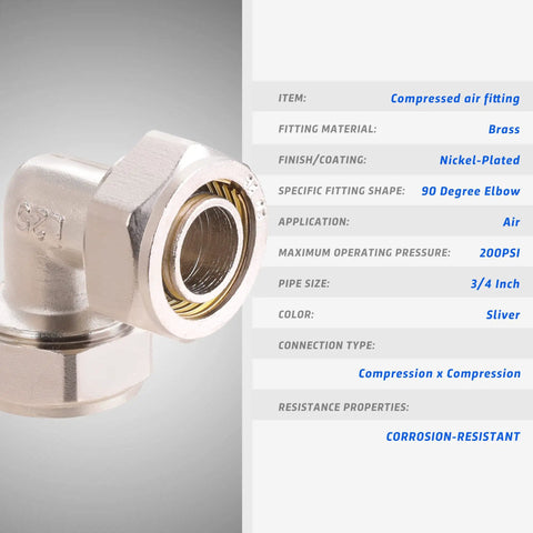 Two Pack 3/4 Inch Elbow Air Fittings Nickel Plated Brass For Shop And Garage, 200 PSI Rating, Compression Style Seals