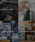 Collage showing automotive supplies, smart curtain, industrial automation, and household appliance.