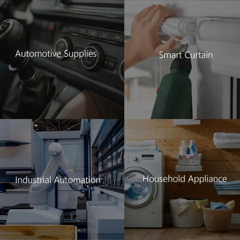 Collage showing automotive supplies, smart curtain, industrial automation, and household appliance.
