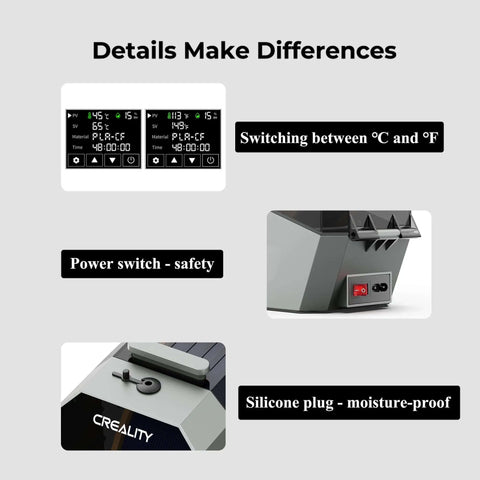 3D Printer Filament Dryer And Storage Box With 360 Degree Hot Air Circulation 80W PTC Heater control panel and safety features
