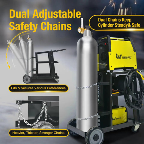 Heavy Duty 3 Tier Welding Cart For MIG TIG Plasma Cutter With 400 Lbs Capacity, Rolling Welder Trolley, dual adjustable safety chains.
