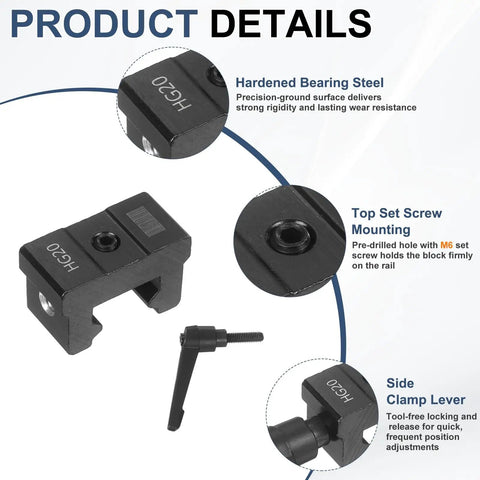 HG20 Linear Guide Rail Fixed Slider Set with anti-collision block, handle positioning, precision assembly details highlighted.