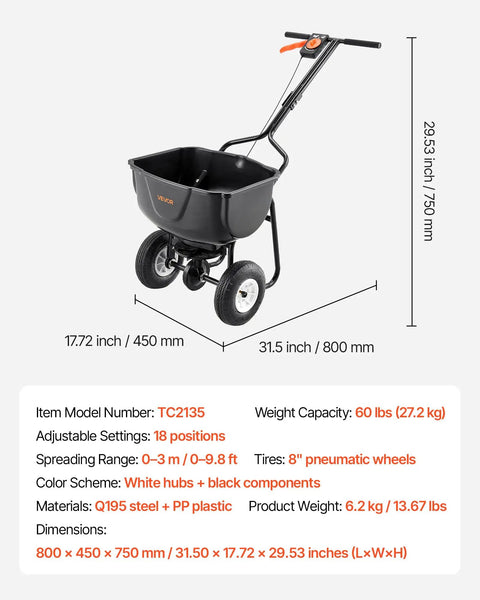Walk Behind Broadcast Spreader For Lawn And Garden, 60 Lb Capacity, Adjustable Spreading From 0 To 9.8 Feet, 8 Inch All Terrain Pneumatic Tires