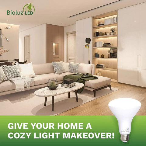 Stylish living room with Eight Pack BR30 LED Flood Light Bulbs For Indoor Home Lighting, 3000K Soft White, dimmable lighting
