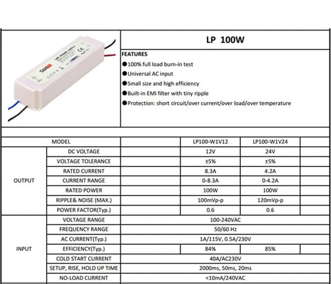 LED Power Supply Waterproof 24V 100W 4A Switch Driver 110V 220V AC DC Light Transformer Rugged For Outdoor Lighting Projects With Universal AC Input Range 110 240V Pro Grade Wholesale, LP 100W label