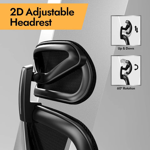 Ergonomic Mesh Office Chair With 3D Lumbar Support And 3D Armrests, V Shaped Back, Height And Tilt Adjustable, 2D headrest detail