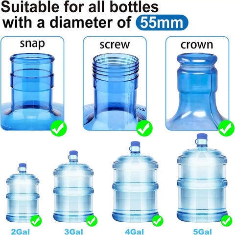 Image showing 3 and 5 gallon water jug cap reusable silicone replacement lids for 55mm standard screw crown tops on different bottles.