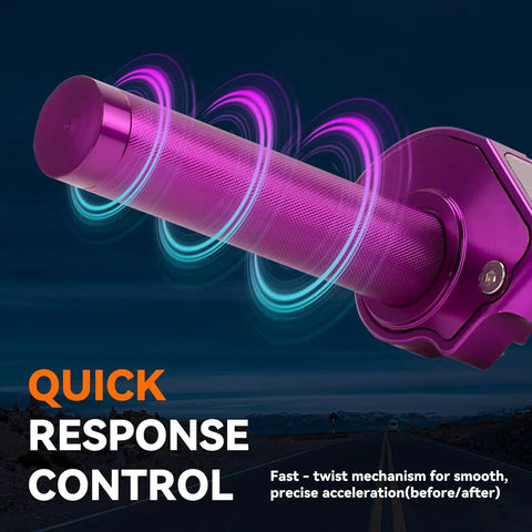 Universal 7/8 Inch CNC Quick Action Twist Throttle Kit With Cable, purple grip close-up showing response control