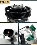 Top Shelf Air Conditioning Compressor With Heavy Clutch Quick Fix Fitment For Hyundai Accent And Kia Rio 2012 To 2017 detailed view of pulley and connectors.