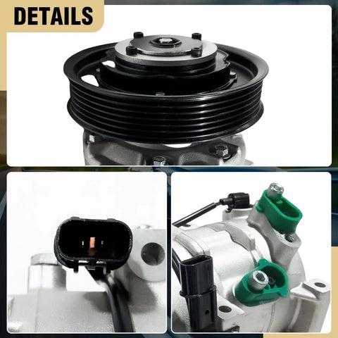 Top Shelf Air Conditioning Compressor With Heavy Clutch Quick Fix Fitment For Hyundai Accent And Kia Rio 2012 To 2017 detailed view of pulley and connectors.