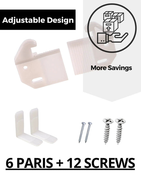 Adjustable White L Angle Drawer Guides Quick Fix Furniture Replacement Kit With Screws; includes L brackets and screws.