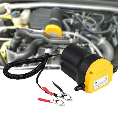 Efficient 12V Electric Fluid Extractor Pump With Battery Clamps for quick and clean oil transfer on cars, motorcycles, and quads.