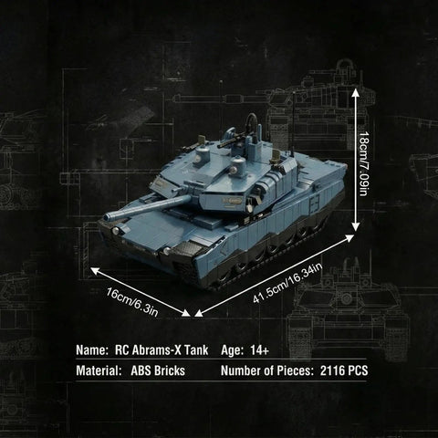Epic Military RC Abrams-X Tank Beast 2116-Piece Building Set for Adults, Remote control tank size and dimensions displayed