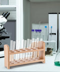 Beech Wood Test Tube Rack, Premium Lab Gear Holder, 12 Holes, 2 Pack, in a laboratory setting holding glass test tubes.