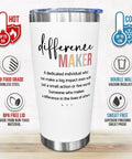 20 Oz Stainless Steel Tumbler Vacuum Insulated Daily Driver Cup For Women Leaders Boss Lady Coworker Teacher Office Anniversary Birthday Christmas Thank You Motivational Quote with 'Difference Maker' text and icons showing features.