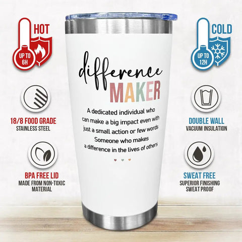 20 Oz Stainless Steel Tumbler Vacuum Insulated Daily Driver Cup For Women Leaders Boss Lady Coworker Teacher Office Anniversary Birthday Christmas Thank You Motivational Quote with 'Difference Maker' text and icons showing features.