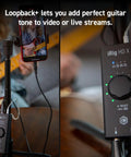 iRig HD X Guitar Audio Interface for iPhone iPad Mac and PC with Lightning and USB C cables shown in use with guitar and phone