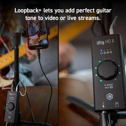 iRig HD X Guitar Audio Interface for iPhone iPad Mac and PC with Lightning and USB C cables shown in use with guitar and phone
