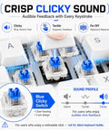 Blue Mechanical Keyboard Switches 80 Pack For DIY Builds And Repairs, 3 Pin Design Compatible With 5 Pin Layouts, Great For Testing, Replacements, And 3D Print Projects. Blue clicky mechanical switch with clear housing and 3-pin layout in keyboard close-up.