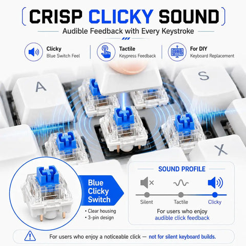 Blue Mechanical Keyboard Switches 80 Pack For DIY Builds And Repairs, 3 Pin Design Compatible With 5 Pin Layouts, Great For Testing, Replacements, And 3D Print Projects. Blue clicky mechanical switch with clear housing and 3-pin layout in keyboard close-up.